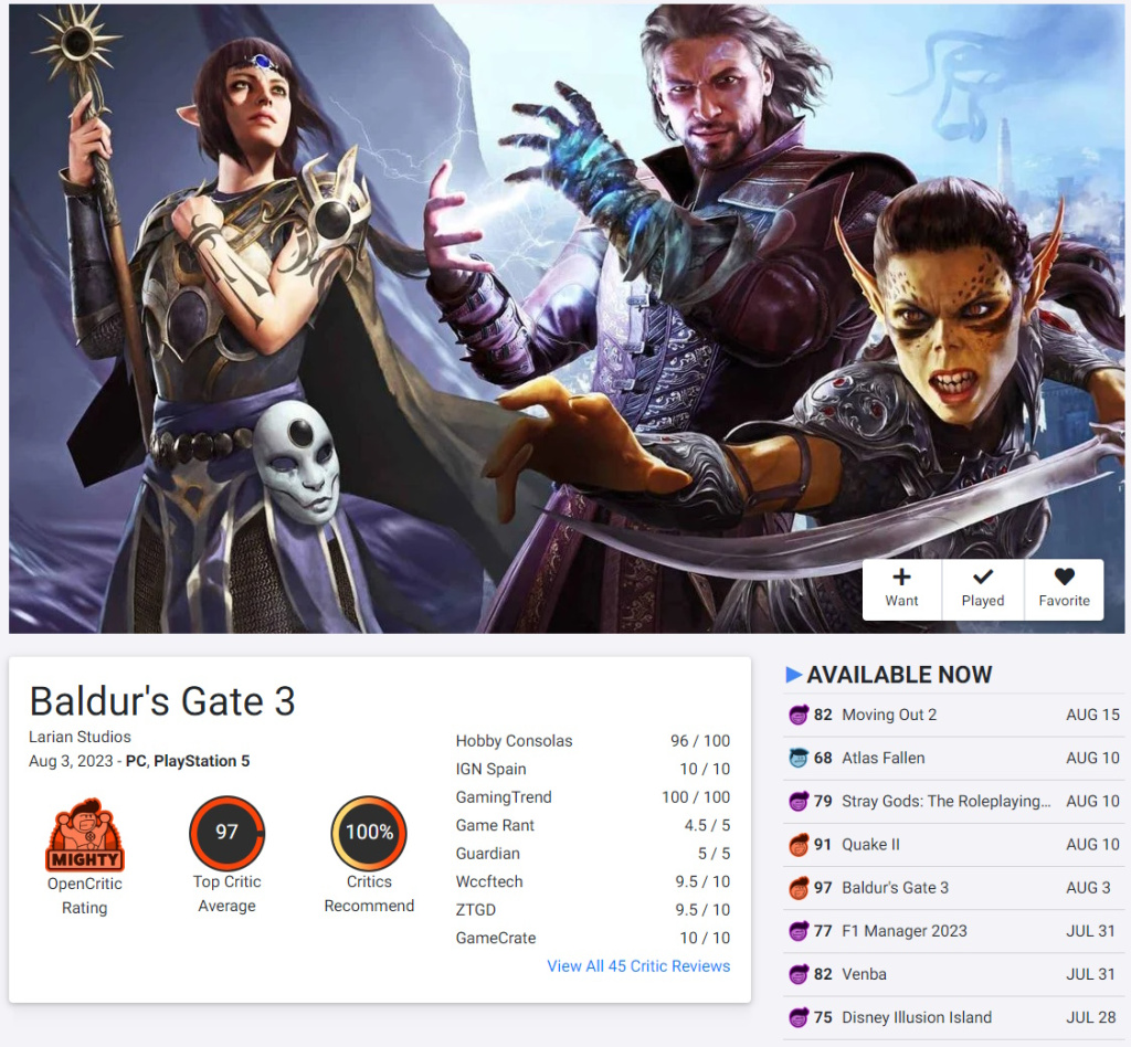 Baldur's Gate III ocena na OpenCritic sajtu