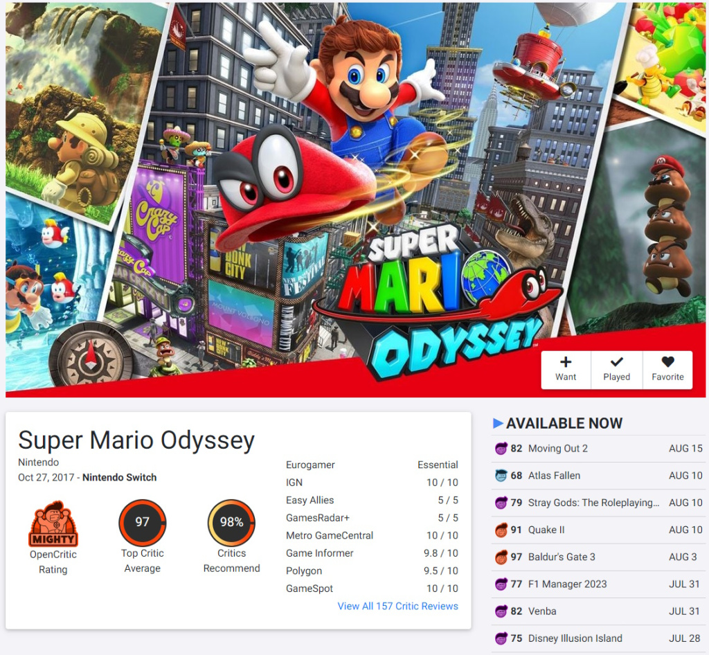 Super Mario Odyssey ocena na OpenCritic sajtu