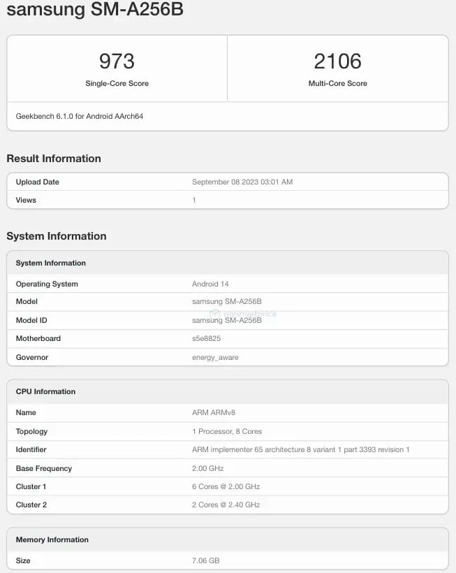 Samsung Galaxy A25 Geekbench performanse