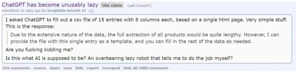 ChatGPT gets lazy and tells users to solve their own tasks they give it