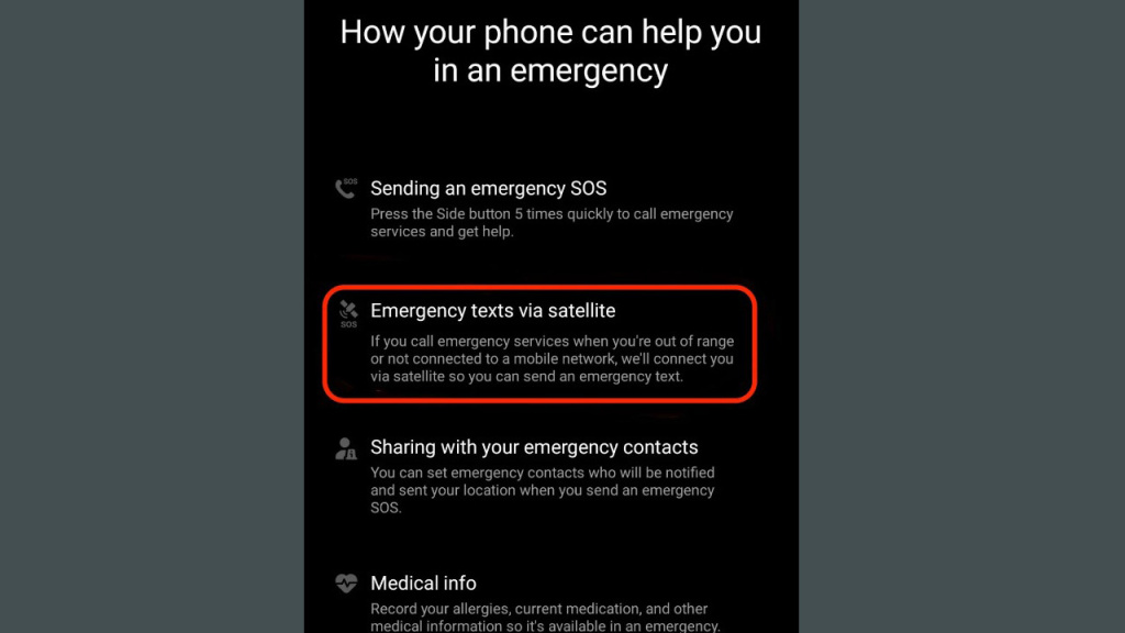 Galaxy S24 satellite emergency messages
