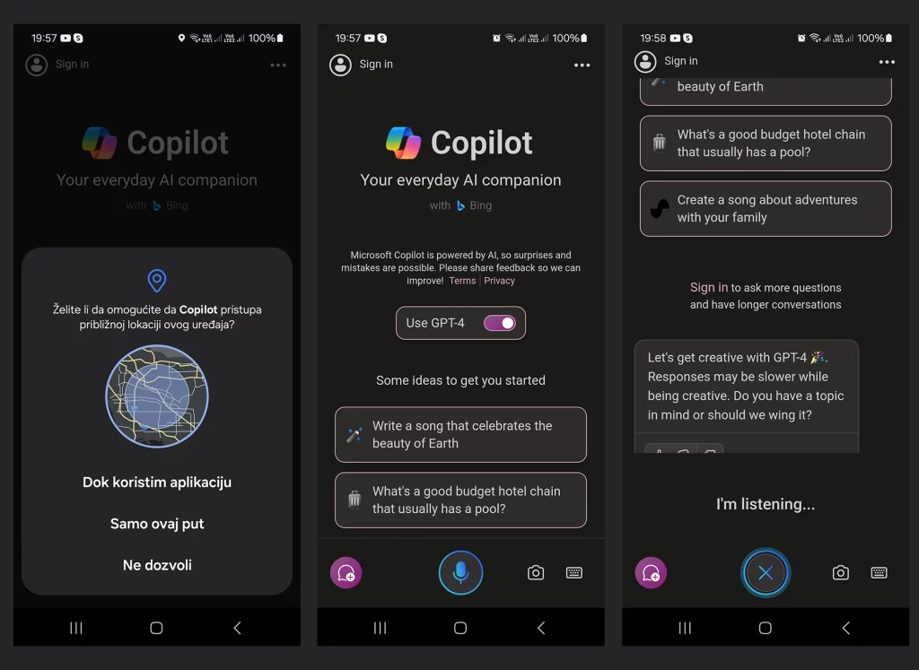 Microsoft copilot for Android screenshots