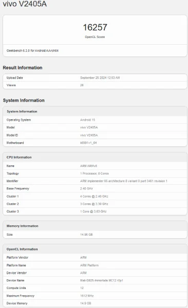 Dimensity 9400 GPU Geekbench performanse