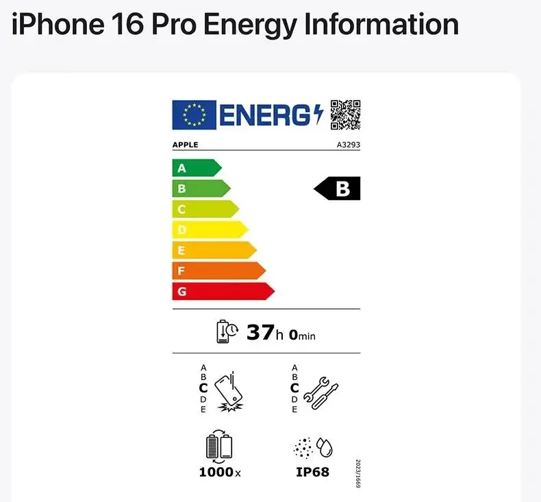 iphone 16 EU nalepnica o klasifikaciji proizvoda