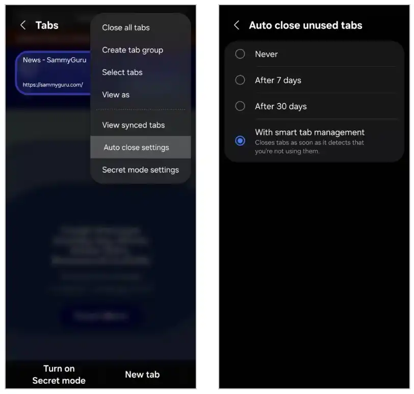 Samsung opcije za pode&scaron;avanje zatvaranja tabov-a u browser-u