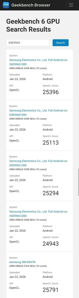 Geekbench Exynos 2600 GPU performanse