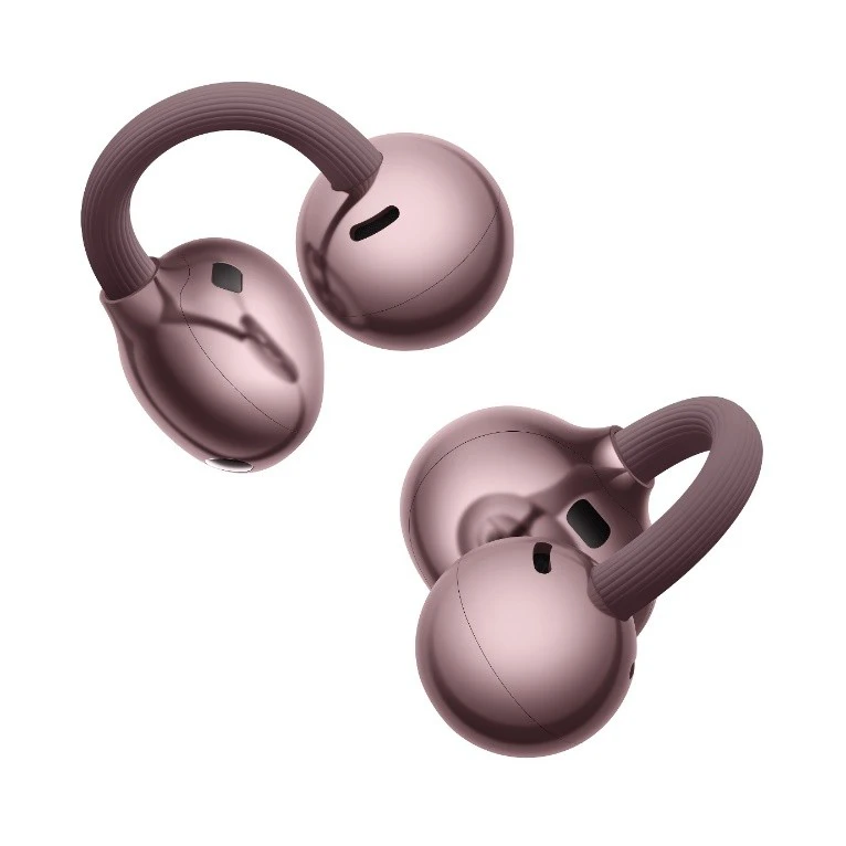 Pink wireless earbuds with curved flexible neckbands