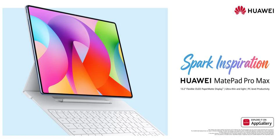 Huawei MatePad Pro Max with detachable keyboard on light blue background, showcasing its slim design and vibrant screen image on the display, Spark Inspiration branding visible on right.