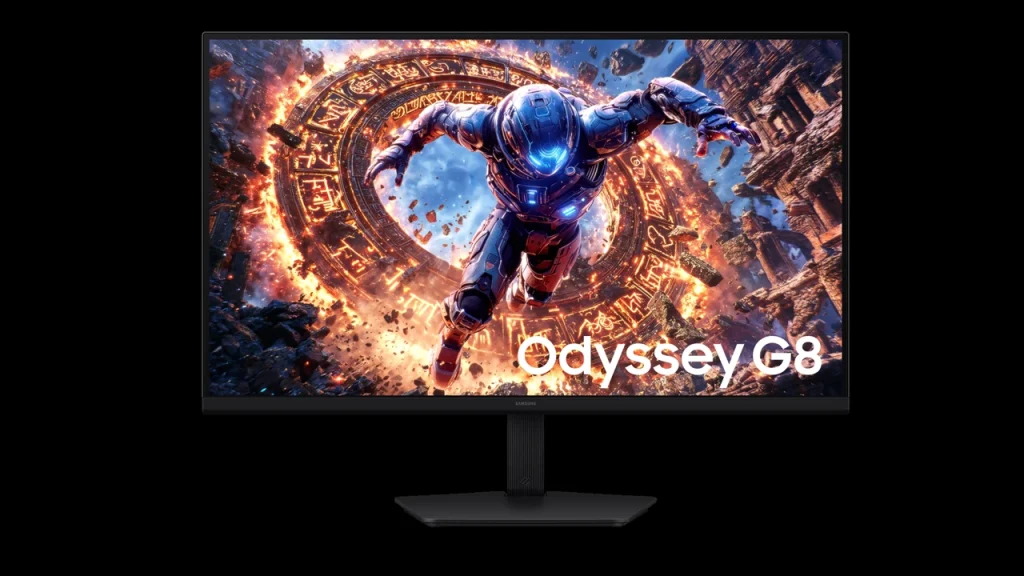 Samsung Odyssey G8 gaming monitor displaying a sci-fi astronaut soaring through a fiery portal with glowing ring graphics and the text 'Odyssey G8'