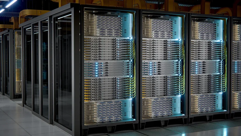 AMD Rows of server racks in a data center with blue LED indicators and cables glowed along the fronts.
