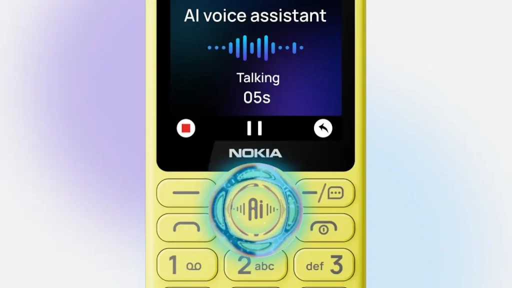 Yellow Nokia feature phone displaying an AI voice assistant screen with 'Talking 05s' and a waveform graphic, circular blue AI emblem around the navigation pad.